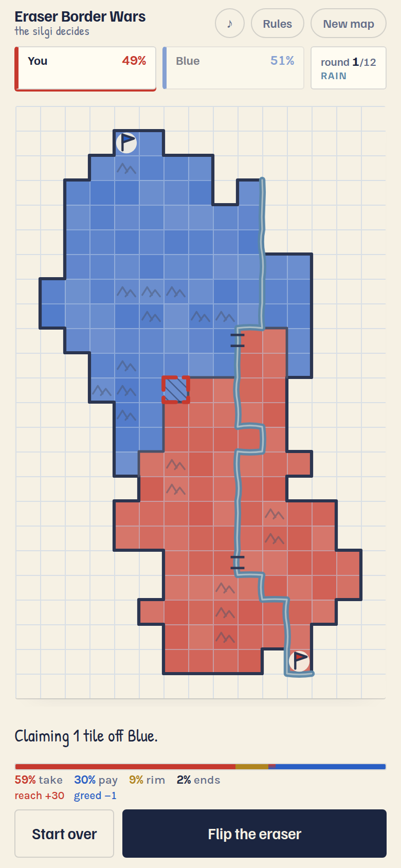 A claim marked out in the middle of the map, with its odds printed underneath.