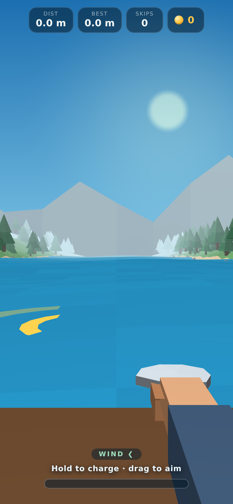 The view before a throw, with wind shown and a gold ring on the water.